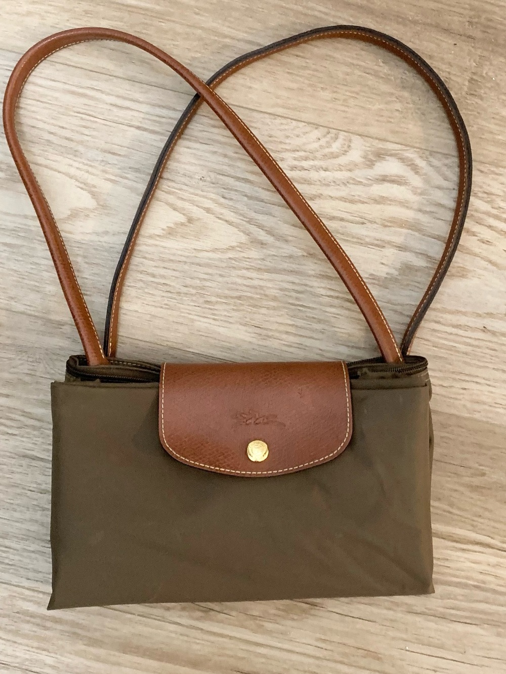 Longchamp Le Pliage Bag Olive Nylon Brown Leather
